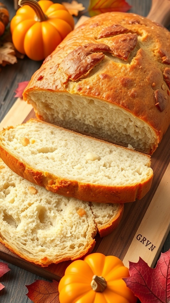 A golden brown gluten-free bread loaf sliced on a wooden board, surrounded by autumn decorations.